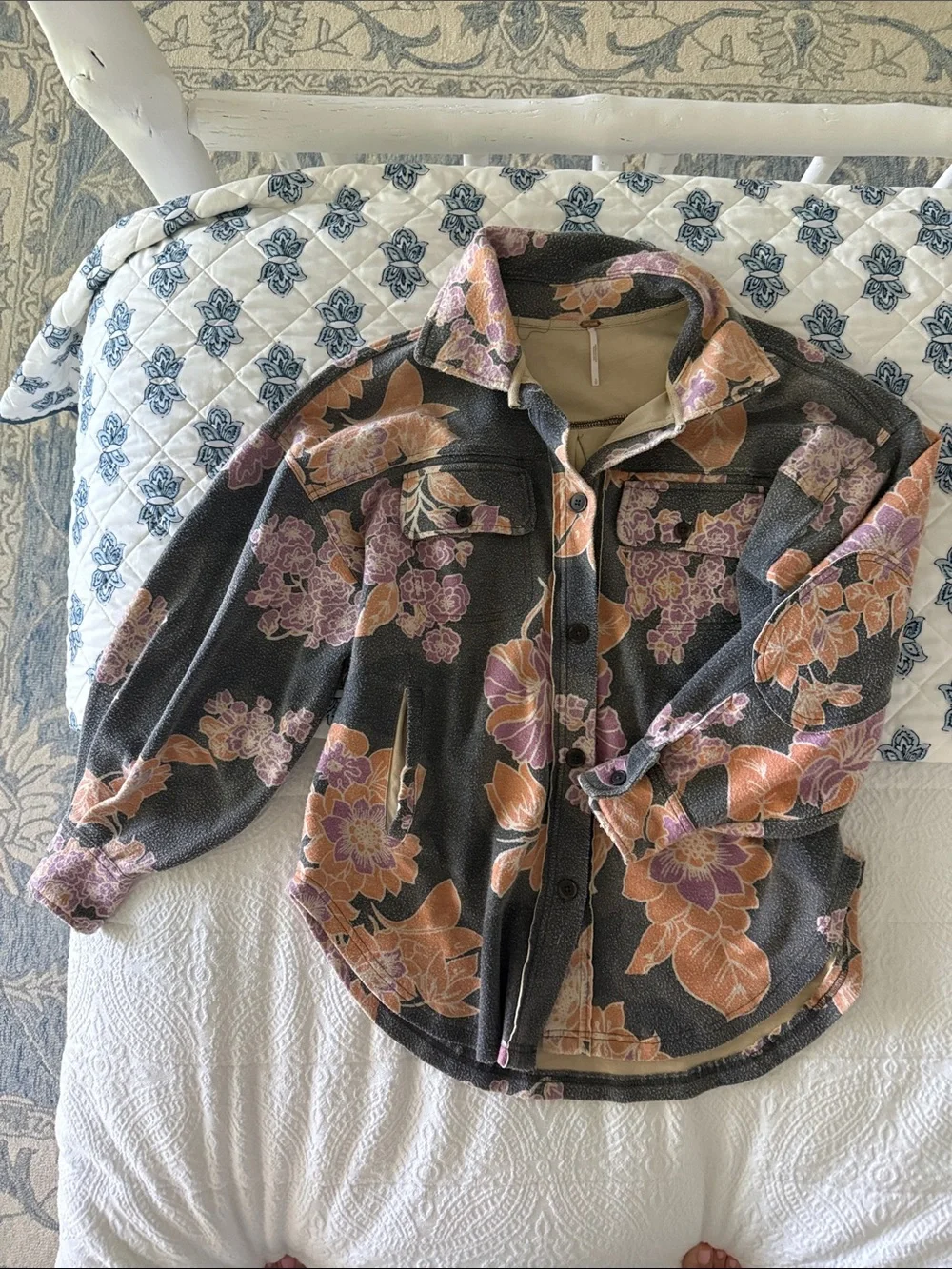 Free People “Ruby” Fleece Floral Oversized Shirt in Charcoal Gray - Picture 6 of 8